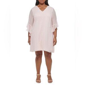 Calvin Klein Pink Trapeze Dress Dotted Chiffon 3/4 Sleeve A-Line Sz 22W NWT